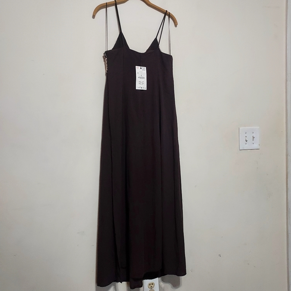 Zara Chocolate Brown Lace Trim Embroidered Strappy Long Dress - Picture 9 of 11